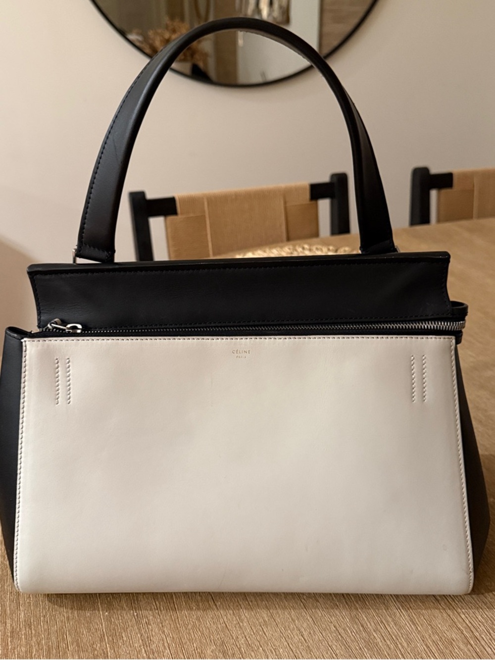 Celine Black and White Leather Top-Handle Satchel with Zip Panel